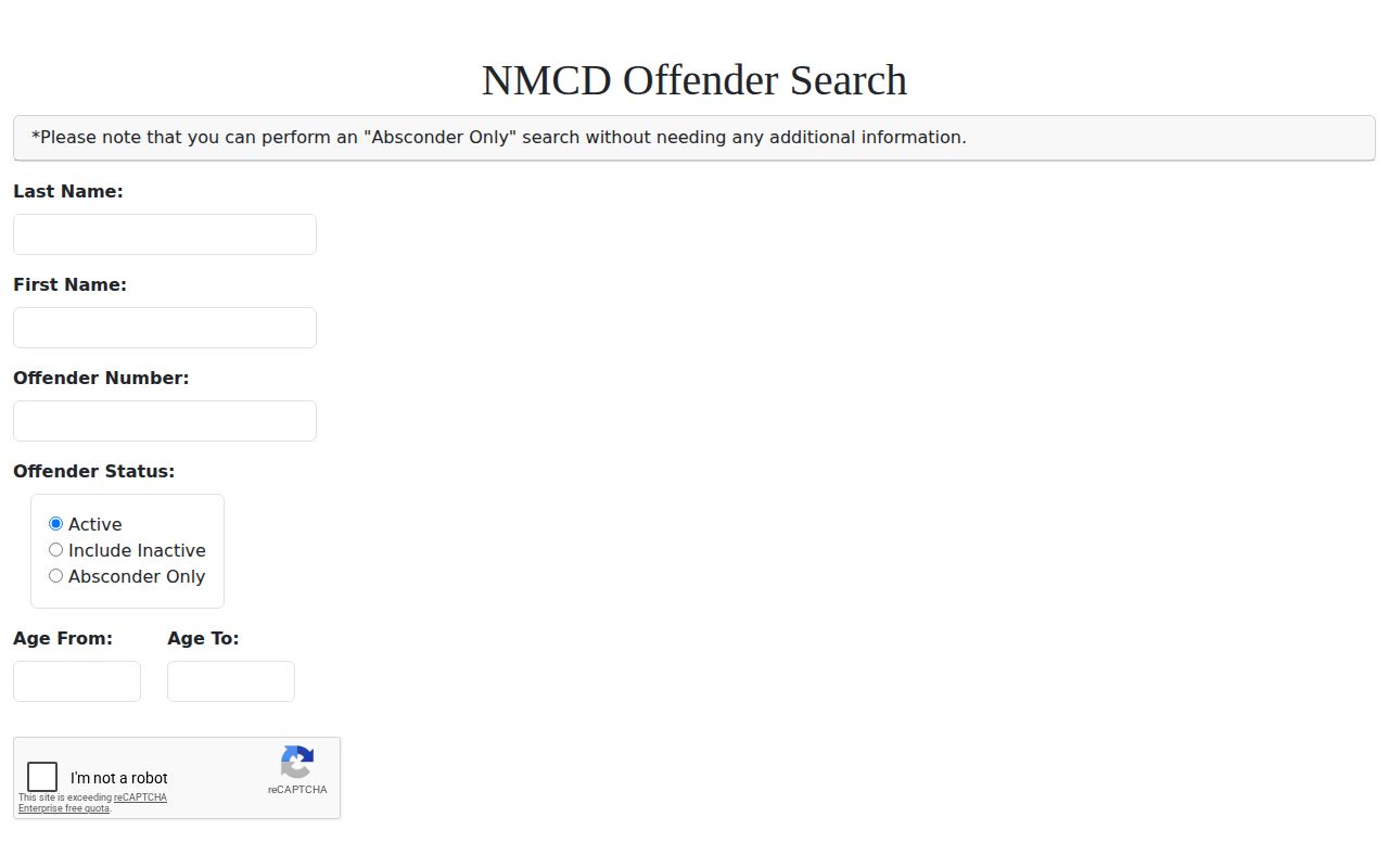 Central New Mexico Correctional Facility release search fields in NMCD