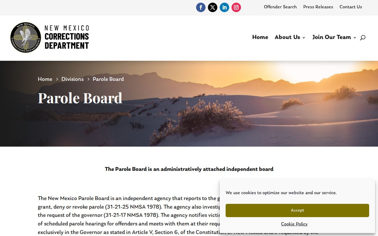 New Mexico Parole Board hearing information for Valencia County parole records